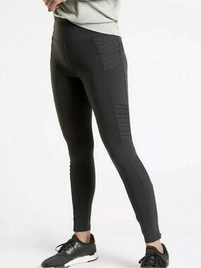 Athleta Delancey Moto Tight High-Waist Black Ribbed Panel Leggings S